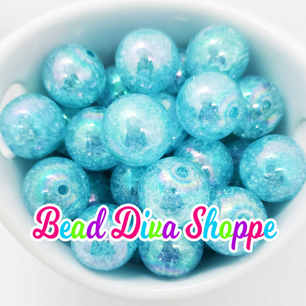 20mm-  AQUA Crackle Beads - Bubblegum - Chunky - Round Acrylic Beads for DIY and Jewelry Making Supplies