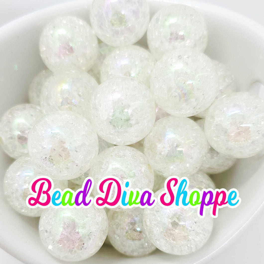 20mm -  WHITE Crackle AB Beads - Bubblegum - Chunky - Round Acrylic Beads for DIY and Jewelry Making Supplies