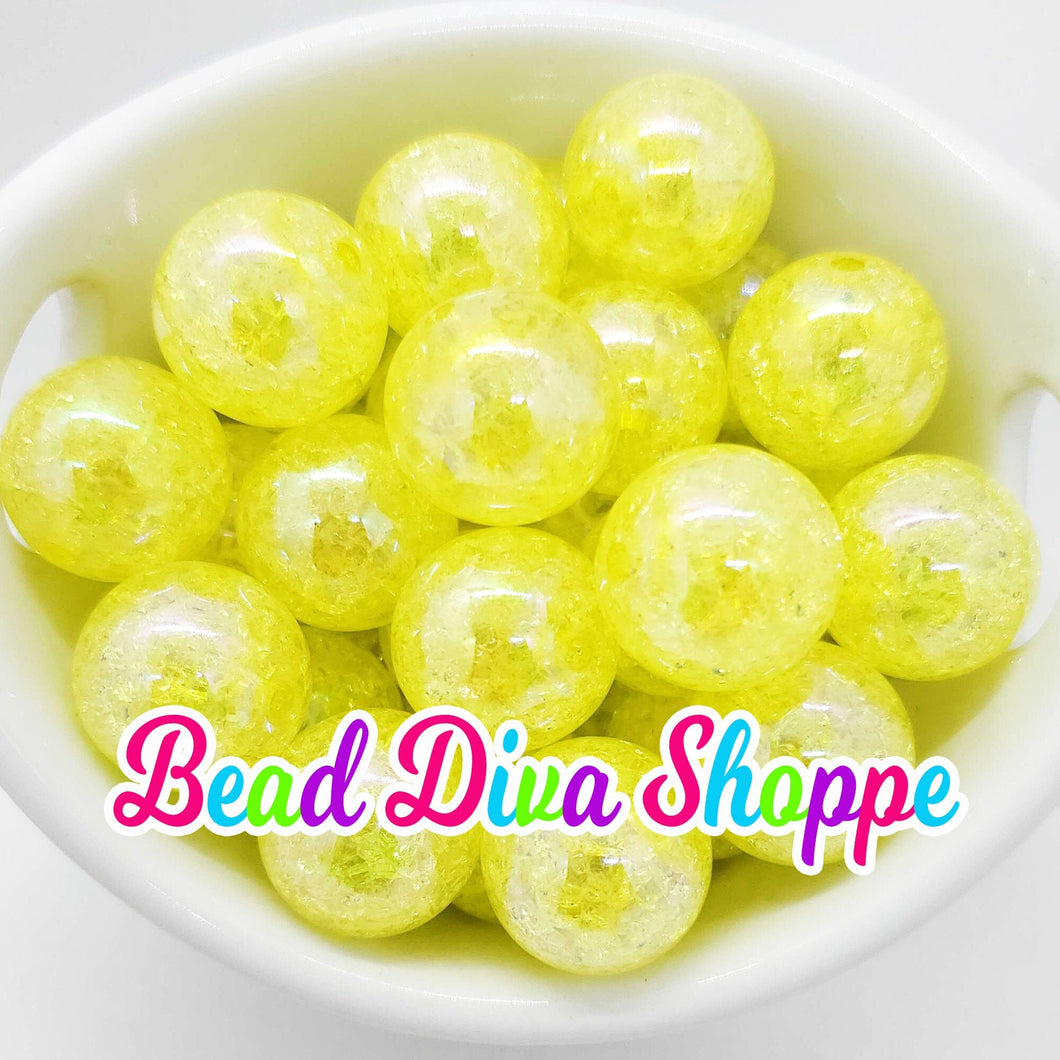 20mm - YELLOW Crackle AB Beads - Bubblegum - Chunky - Round Acrylic Beads for DIY and Jewelry Making Supplies