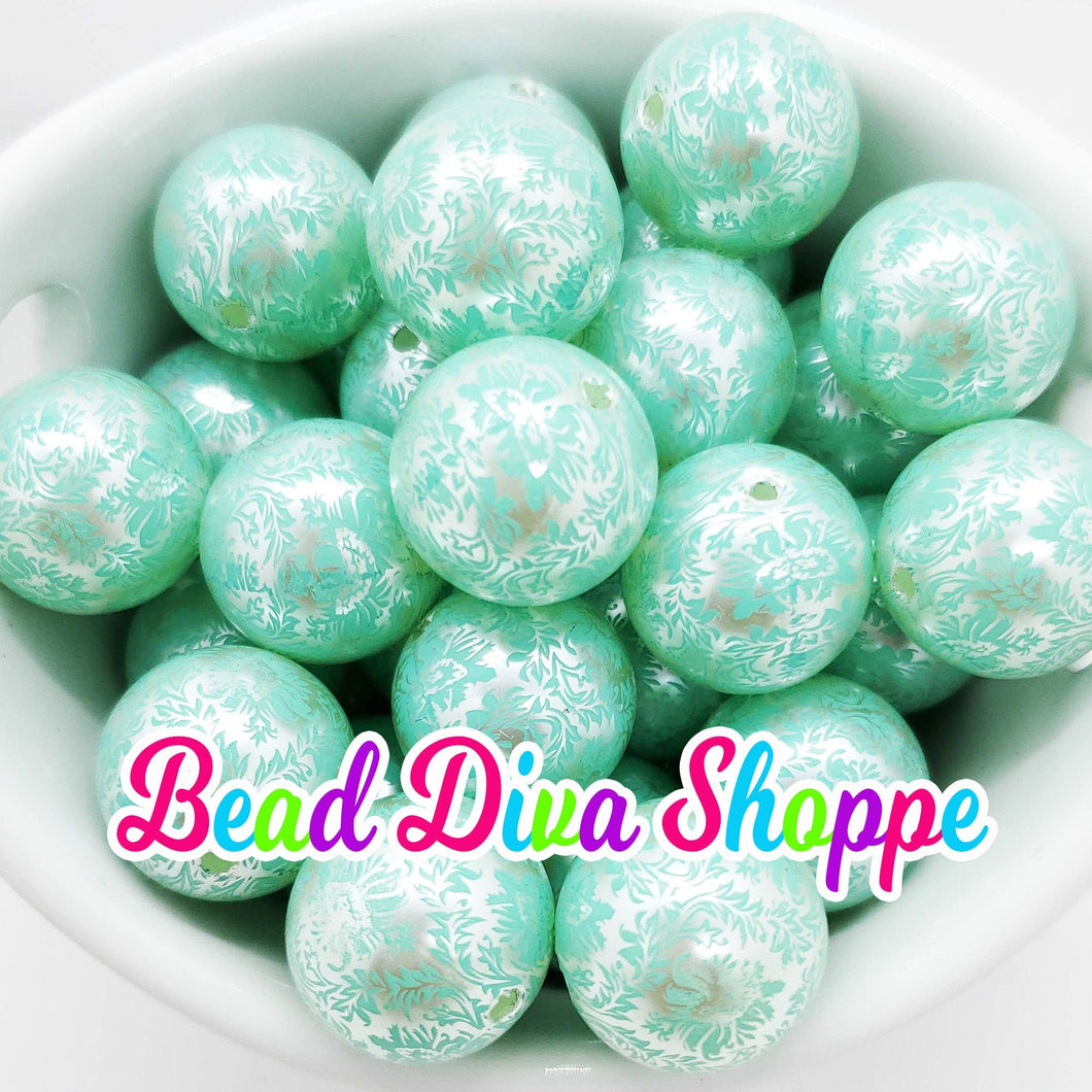 20mm - MINT GREEN Damask Beads - Bubblegum - Round Acrylic Beads for DIY and Jewelry Making Supplies