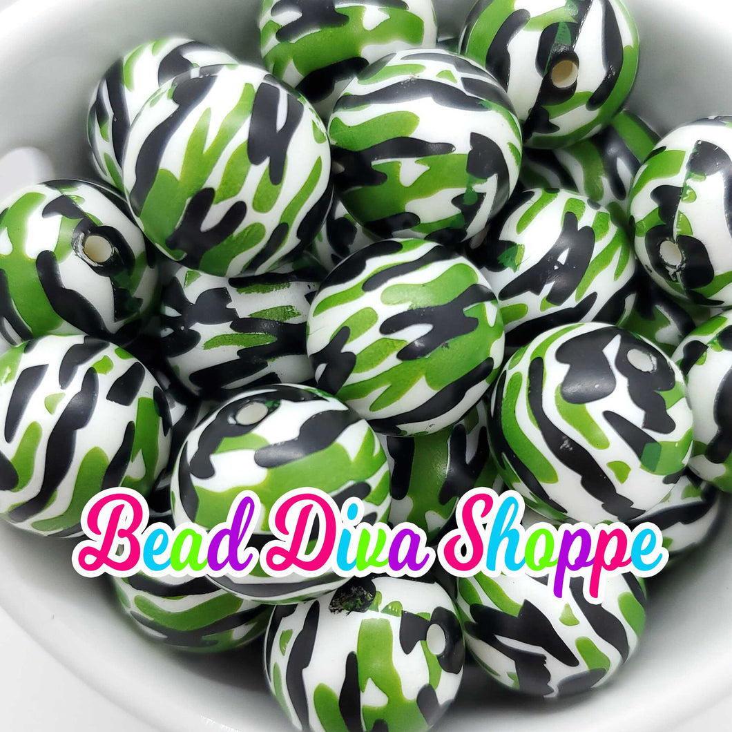 20mm - Green / Black CAMO Chunky Beads - Bubblegum - Round Acrylic Beads for DIY and Jewelry Making Supplies