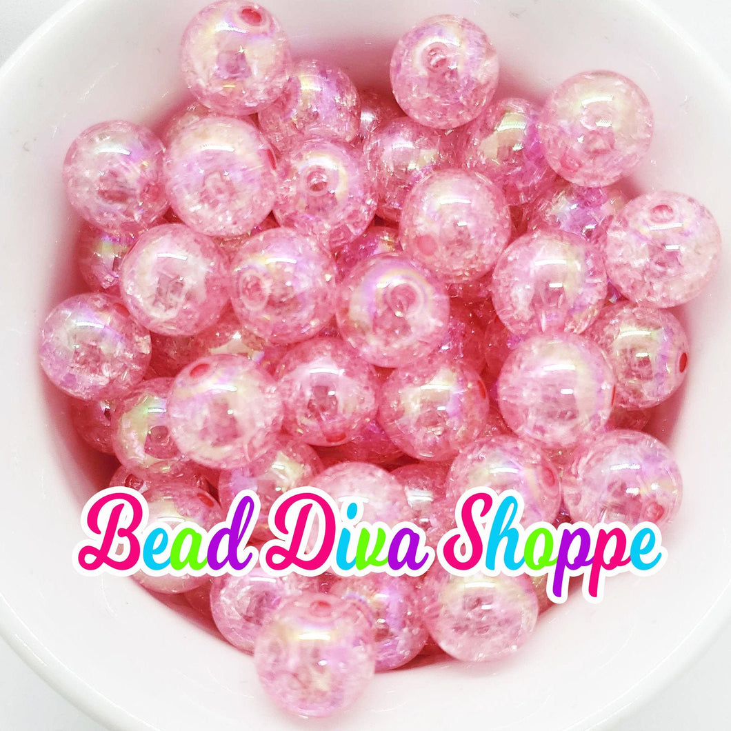 Set of 10 - 12mm - PINK Crackle AB Beads - Bubblegum - Chunky - Round Acrylic Beads