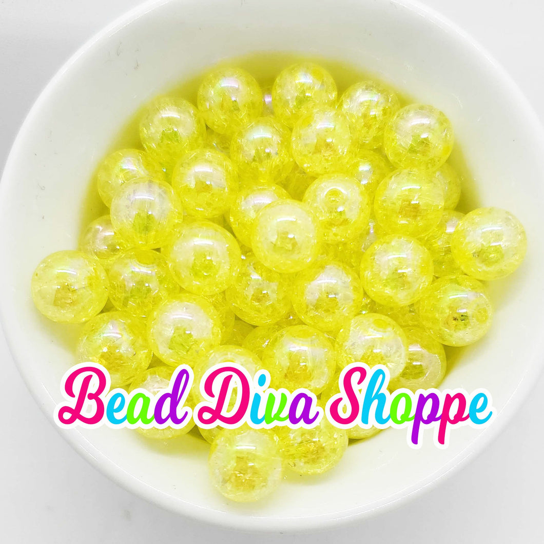 Set of 10 - 12mm - YELLOW Crackle AB Beads - Bubblegum - Chunky - Round Acrylic Beads for DIY and Jewelry Making Supplies