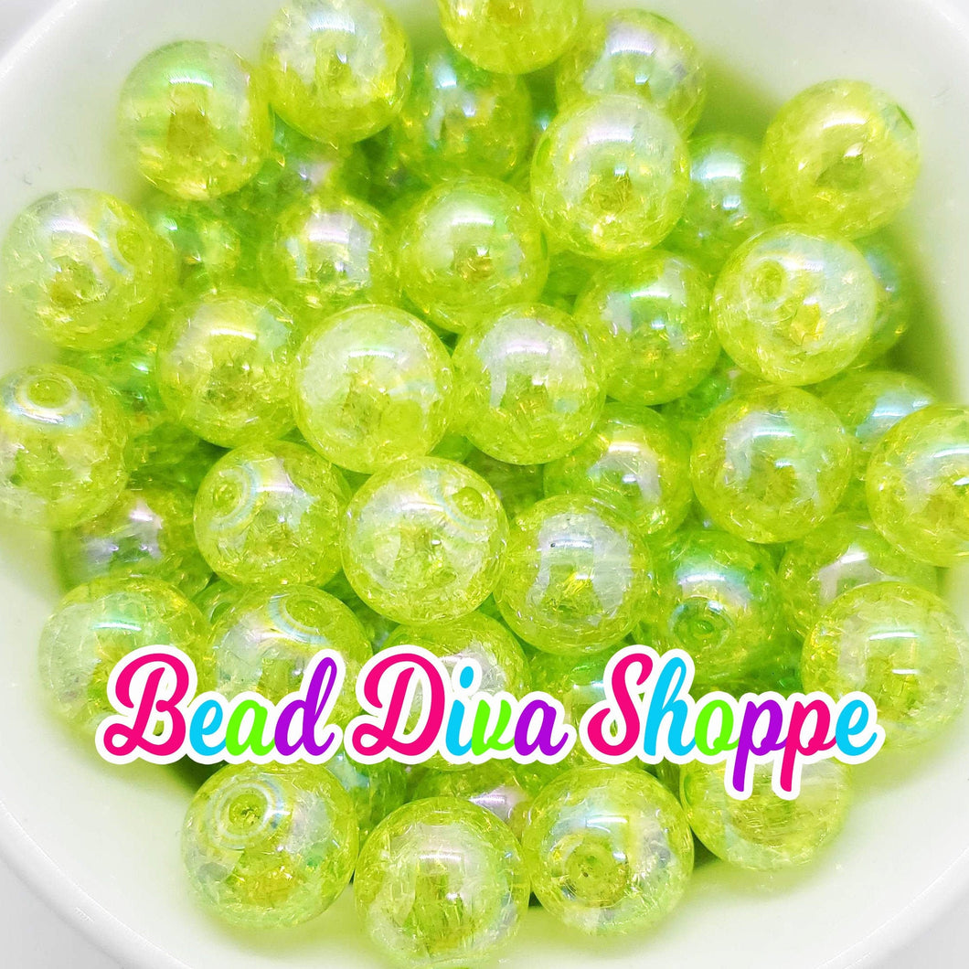 Set of 10 - 12mm - LIME GREEN Crackle Ab Beads - Bubblegum - Chunky - Round Acrylic Beads for DIY and Jewelry Making Supplies