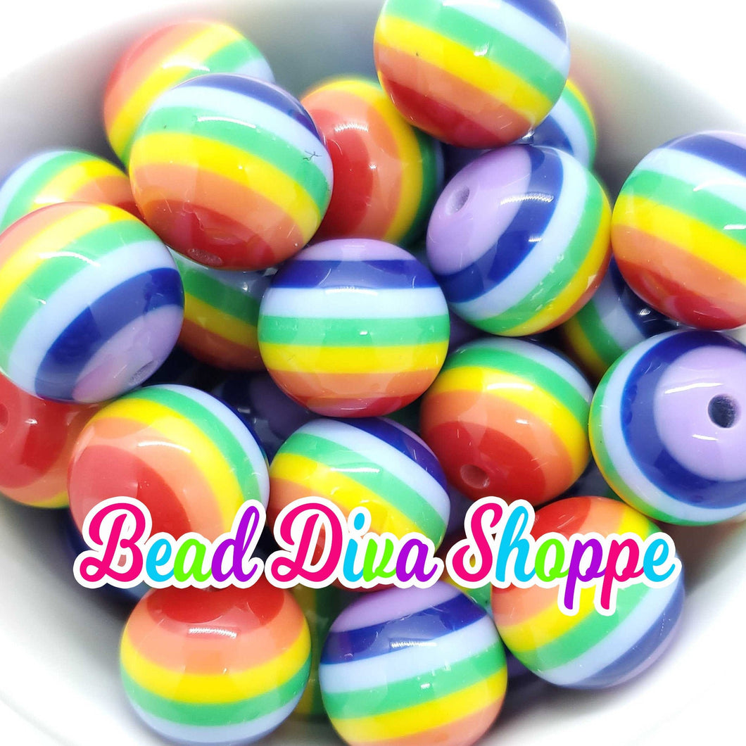 20mm - RAINBOW Stripes - Bubblegum - Round Acrylic Beads for DIY and Jewelry Making Supplies