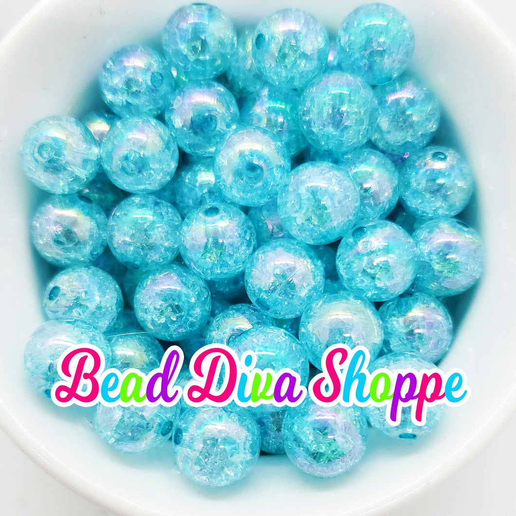 Set of 10 - 12mm - AQUA Crackle AB Beads - Bubblegum Chunky Round Acrylic Beads