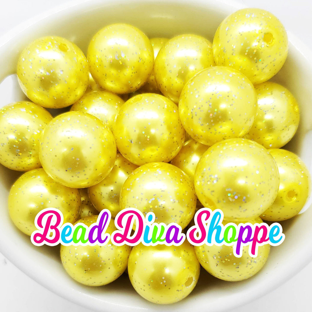 20mm - YELLOW Pearl Glitter beads - Bubblegum - Round Acrylic Beads for DIY and Jewelry Making Supplies