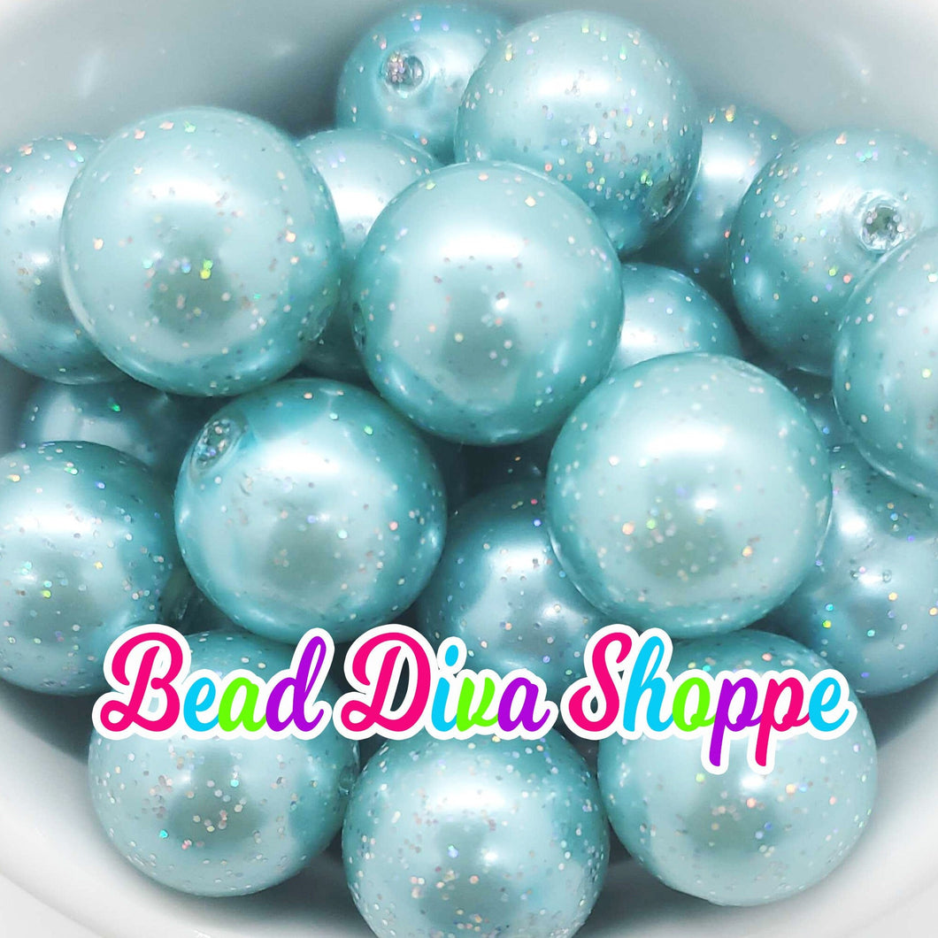 20mm - MEDIUM AQUA Pearl Glitter beads - Bubblegum - Round Acrylic Beads for DIY and Jewelry Making Supplies