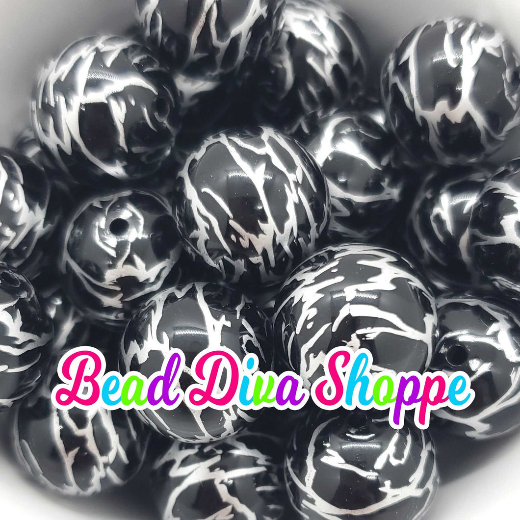 20mm - Black / Silver Lightening Bolts Print Beads -  Flat rate shipping and Free Gift - Round Acrylic Beads for DIY Jewelry Making Supplies