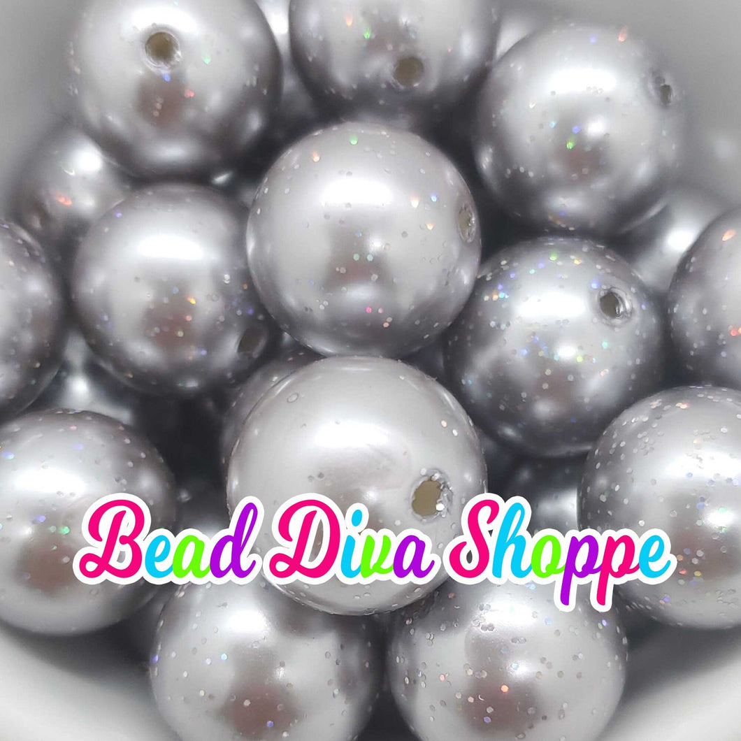 20mm - SILVER Pearl Glitter beads - Bubblegum - Round Acrylic Beads for DIY and Jewelry Making Supplies