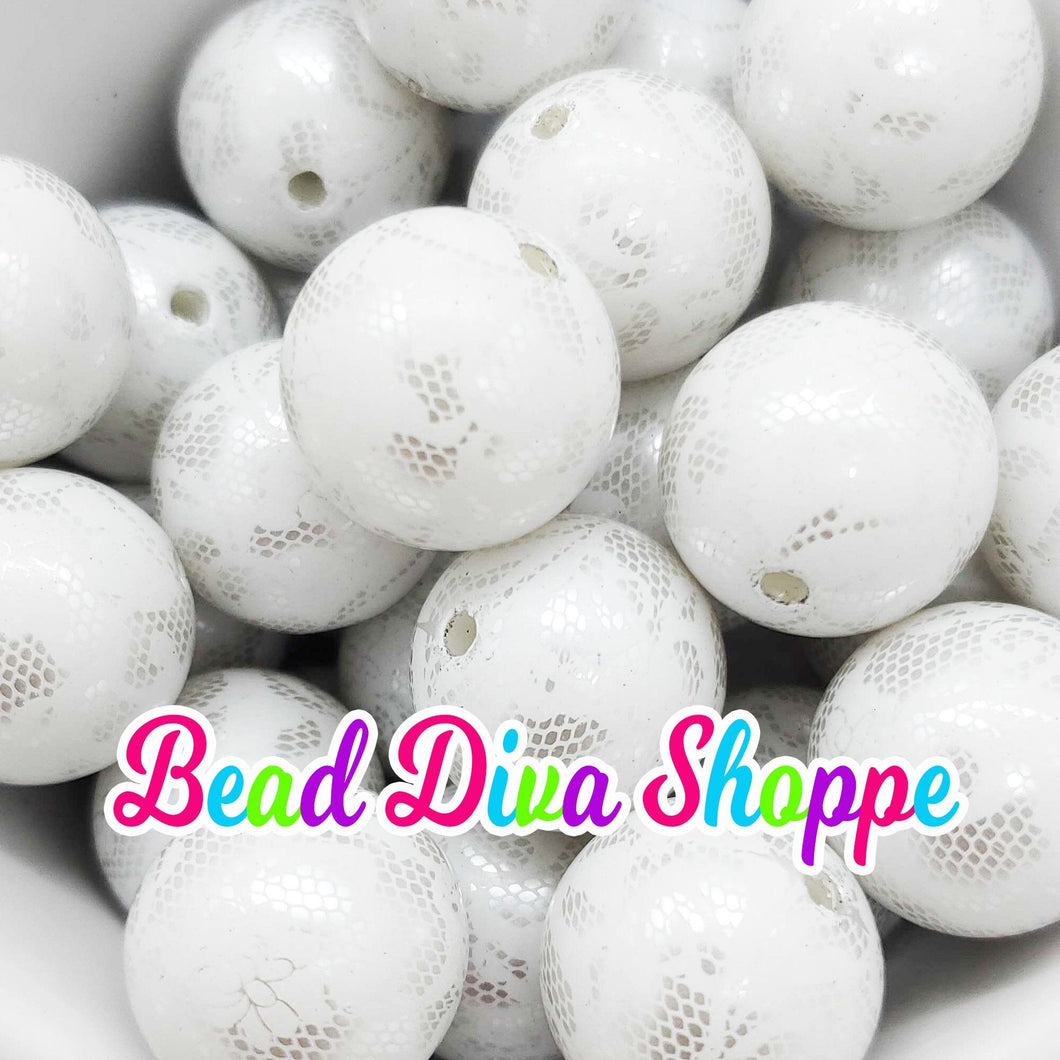 20mm - WHITE with WHITE Lace Beads - Bubblegum - Round Acrylic Beads for DIY and Jewelry Making Supplies