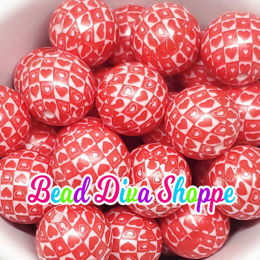 20mm - RED HEART Checkered  Beads - Bubblegum - Round Acrylic Beads for DIY and Jewelry Making Supplies