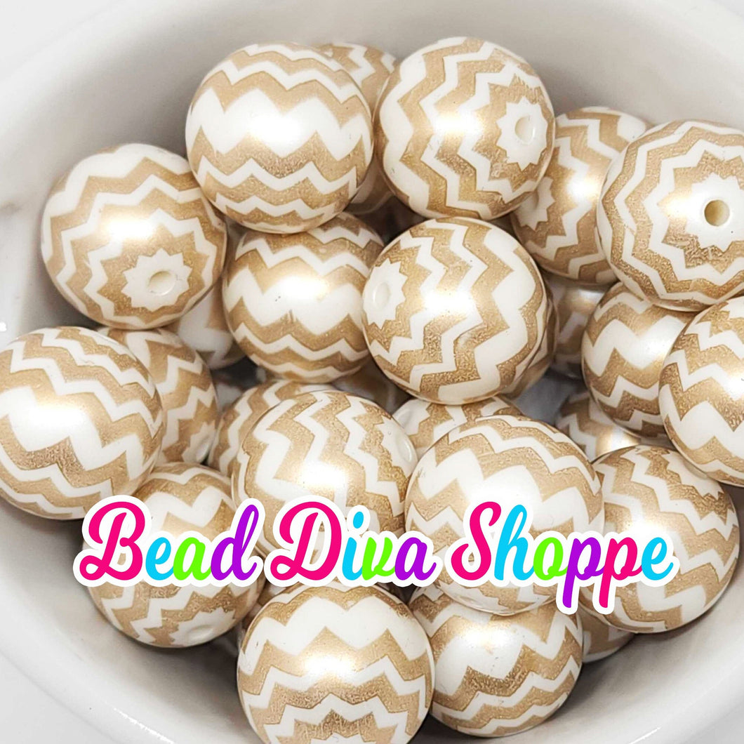 20mm - GOLD and WHITE Pearl Zig Zag Beads - Bubblegum - Round Acrylic Beads for DIY and Jewelry Making Supplies