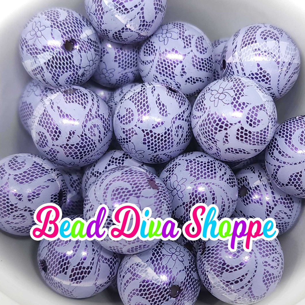 20mm- PURPLE with WHITE Lace Beads - Bubblegum - Round Acrylic Beads for DIY and Jewelry Making Supplies