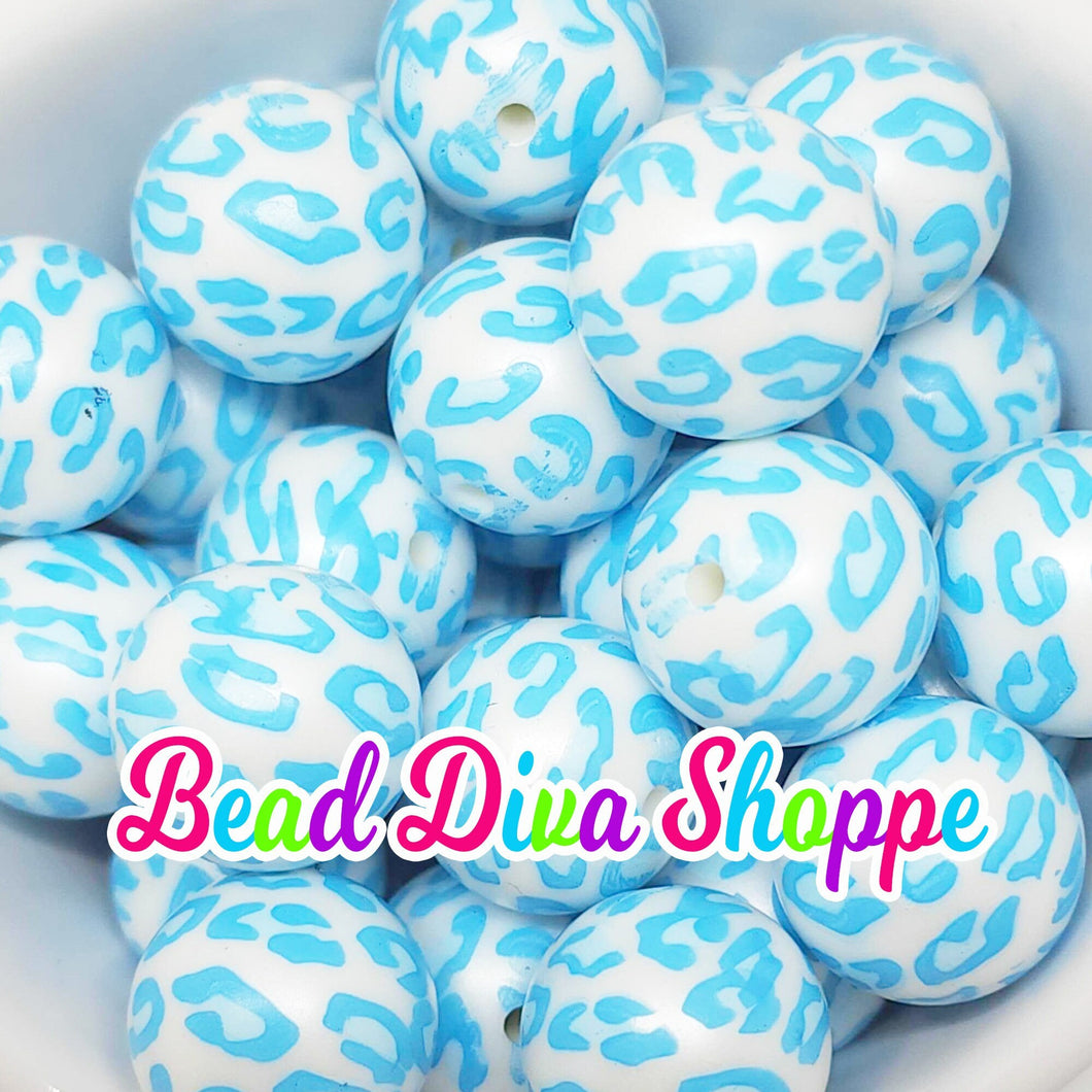 20mm - BABY BLUE CHEETAH Chunky Beads - Bubblegum - Round Acrylic Beads for Diy and Jewelry Making Supplies