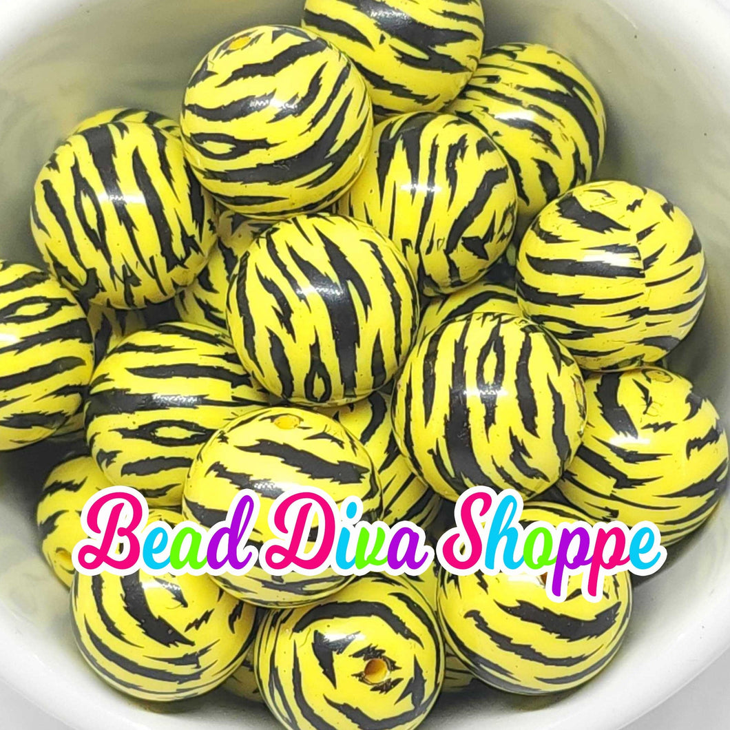 20mm - YELLOW BLACK TIGER Stripes Chunky Beads - Bubblegum - Round Acrylic Beads for Diy and Jewelry Making Supplies