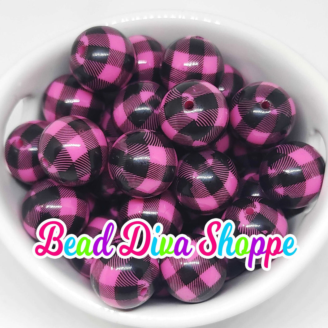 20mm - PINK & BLACK Gingham Beads - Bubblegum - Round Acrylic Beads for DIY and Jewelry Making Supplies