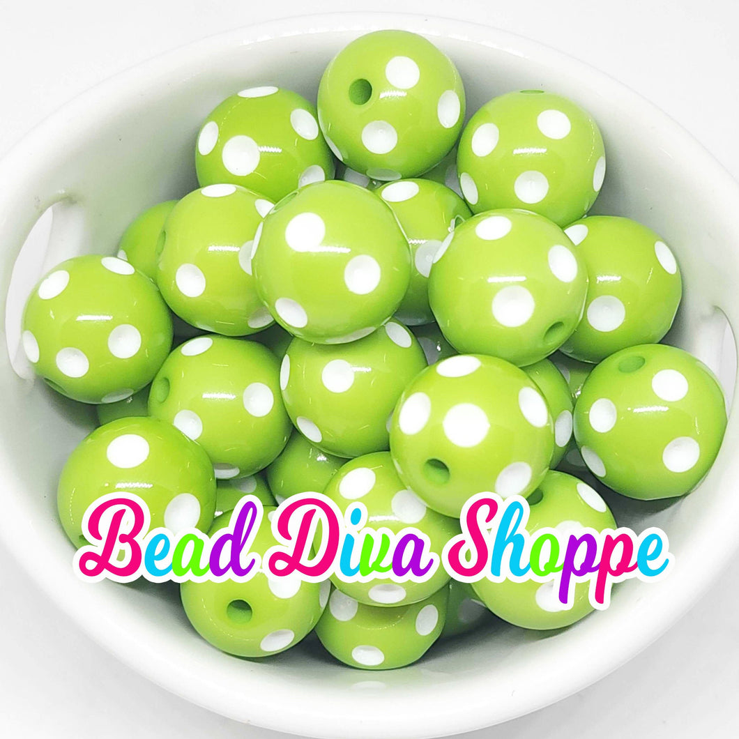 20mm - LIME GREEN DOTS - Bubblegum - Round Acrylic Beads for Diy and Jewelry Making Supplies