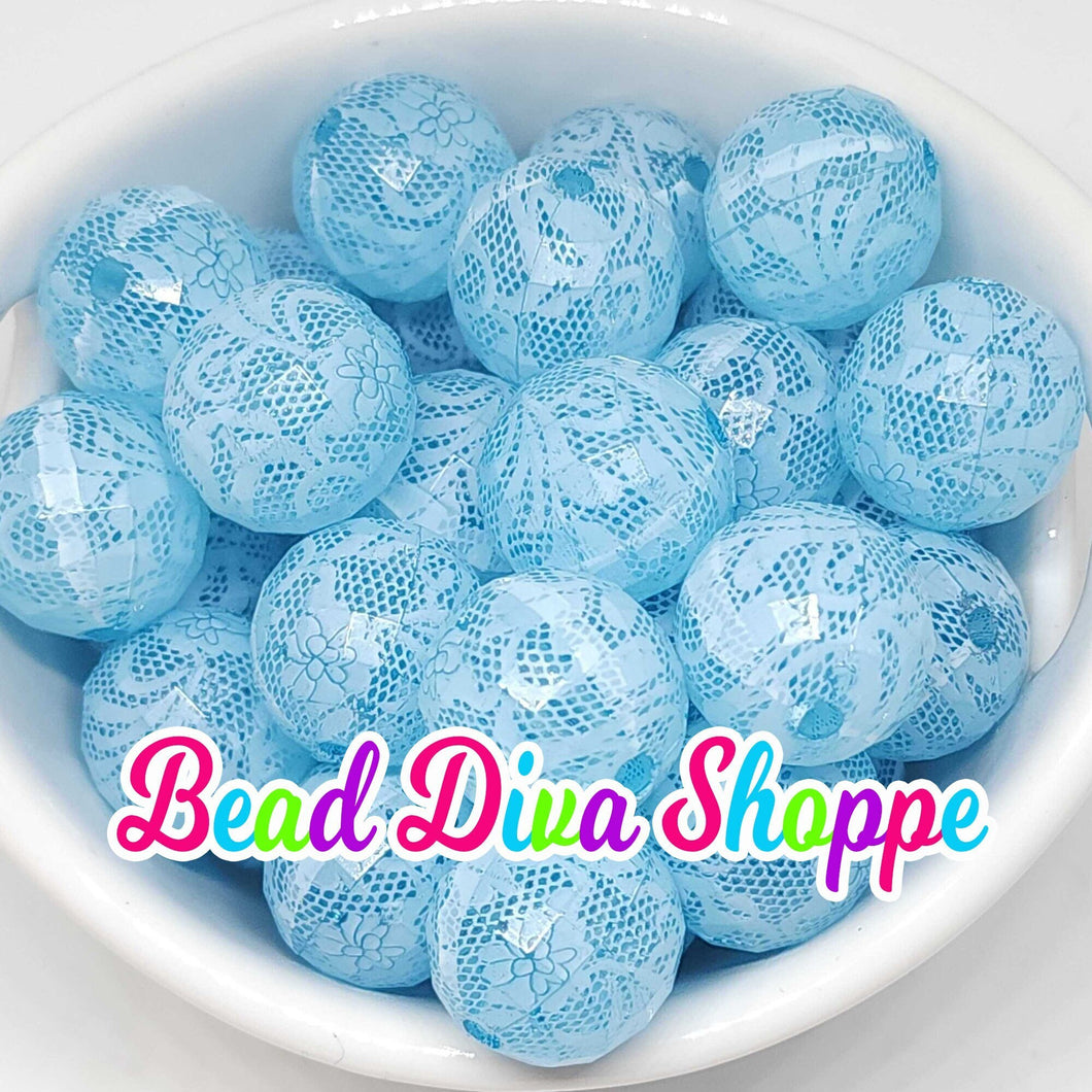 20mm - LIGHT BLUE LACE - Faceted Beads - Bubblegum - Round Acrylic Beads for diy and Jewelry Making Supplies