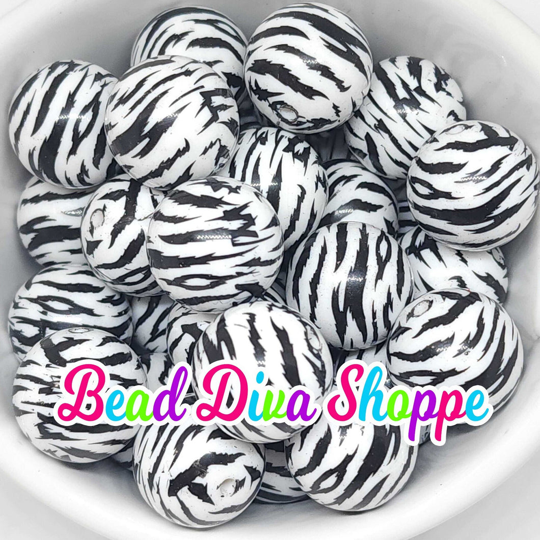 20mm - WHITE / BLACK TIGER STRIPES - Chunky Beads - Bubblegum - Round Acrylic Beads for Diy and Jewelry Making Supplies