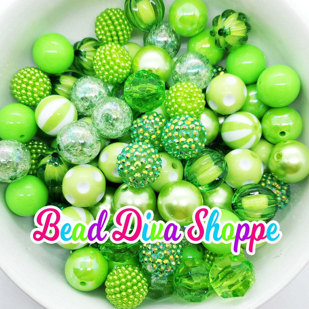 20mm - LIME GREEN Mix - Bead Mix - Bubblegum - Round Acrylic Beads for DIY and Jewelry Making Supplies