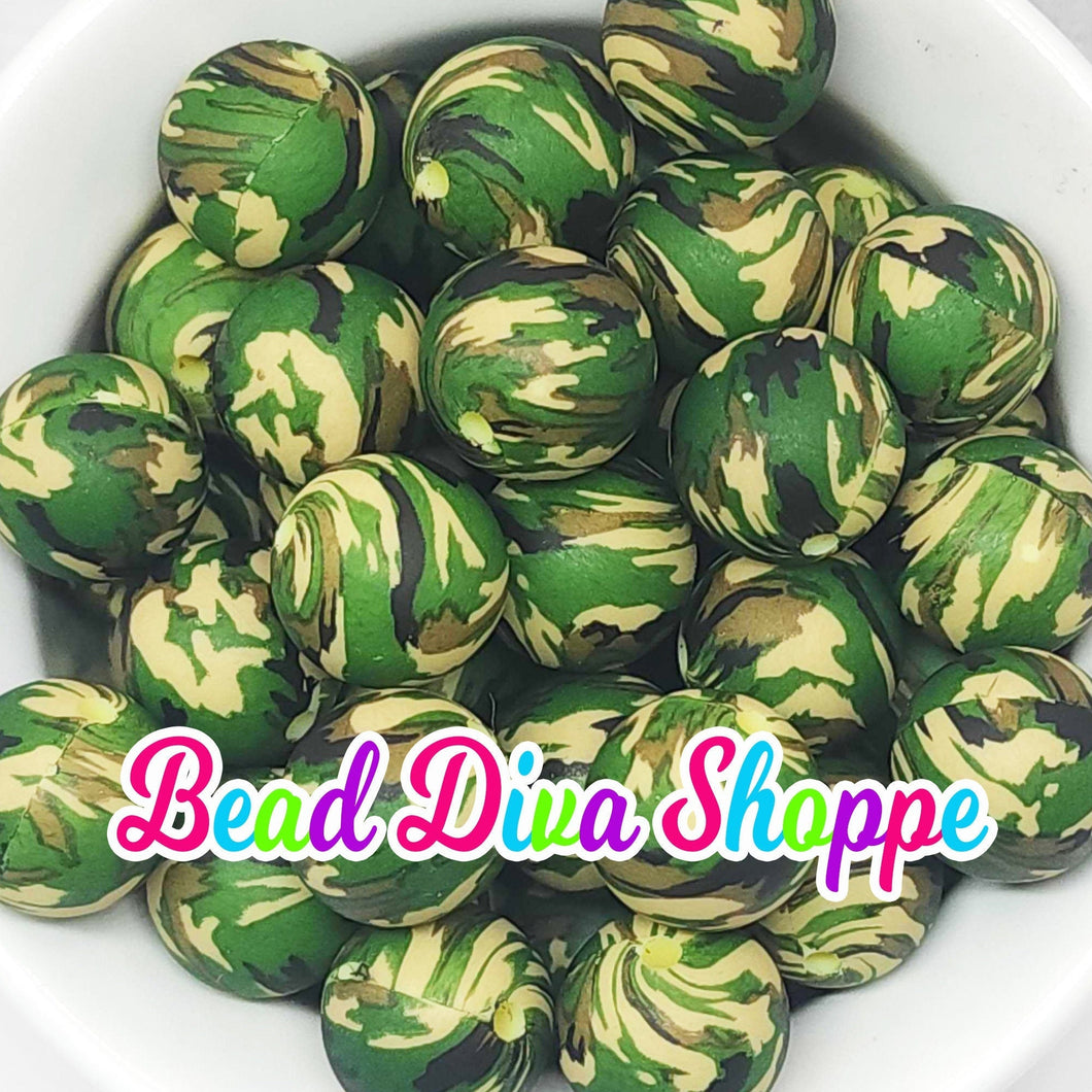 Set of 10 - 15mm - GREEN CAMO - Round Silicone Beads for Diy and Jewelry Making Supplies