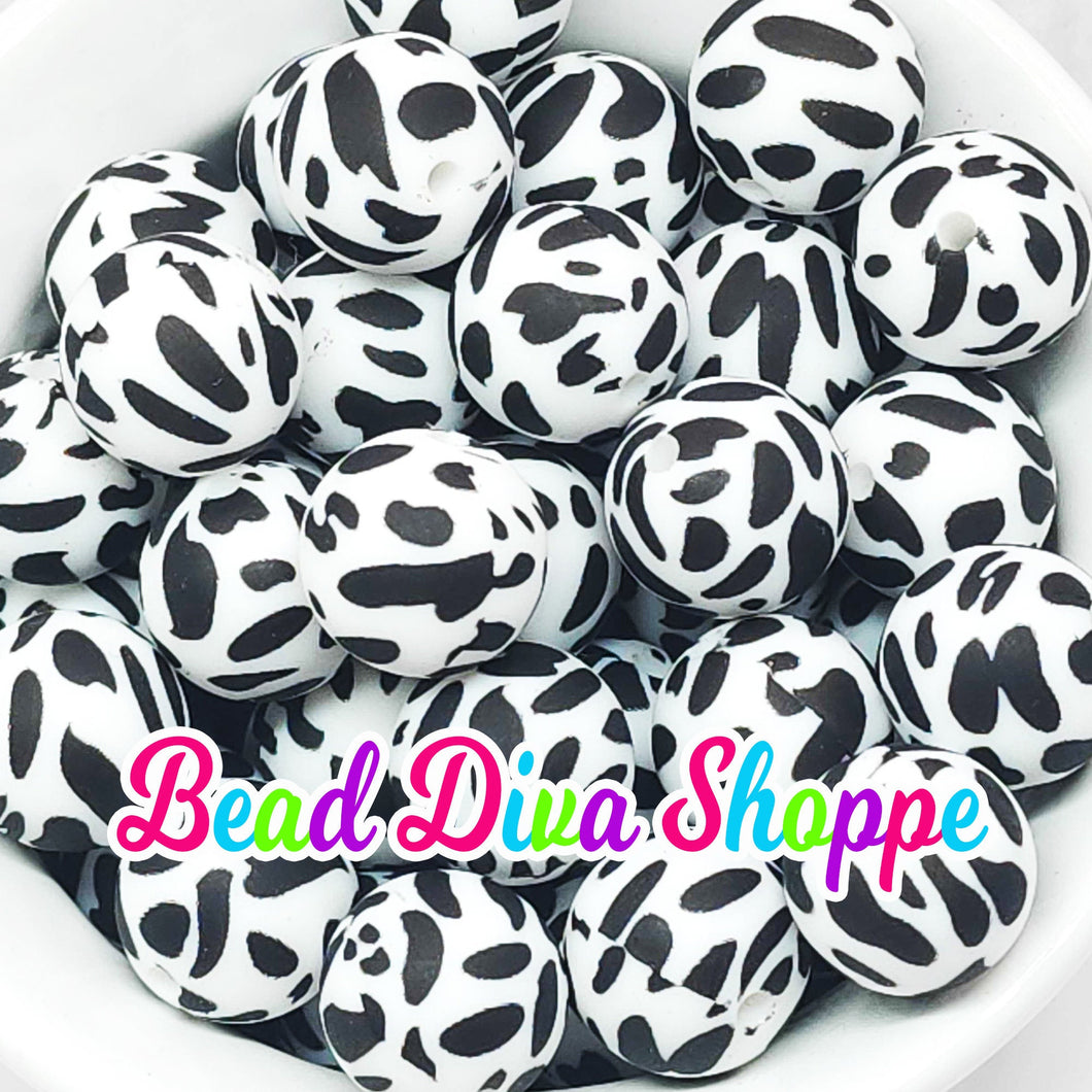 Set of 10 - 15mm - BLACK/WHITE COW Print - Round Silicone Beads for Diy and Jewelry Making Supplies