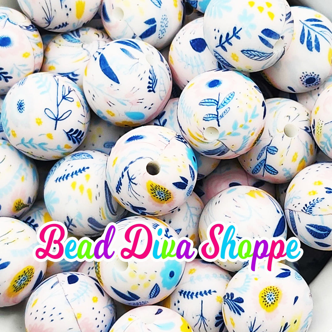 Set of 10 - 15mm - BLUE FLORAL - Round Silicone Beads for Diy and Jewelry Making Supplies