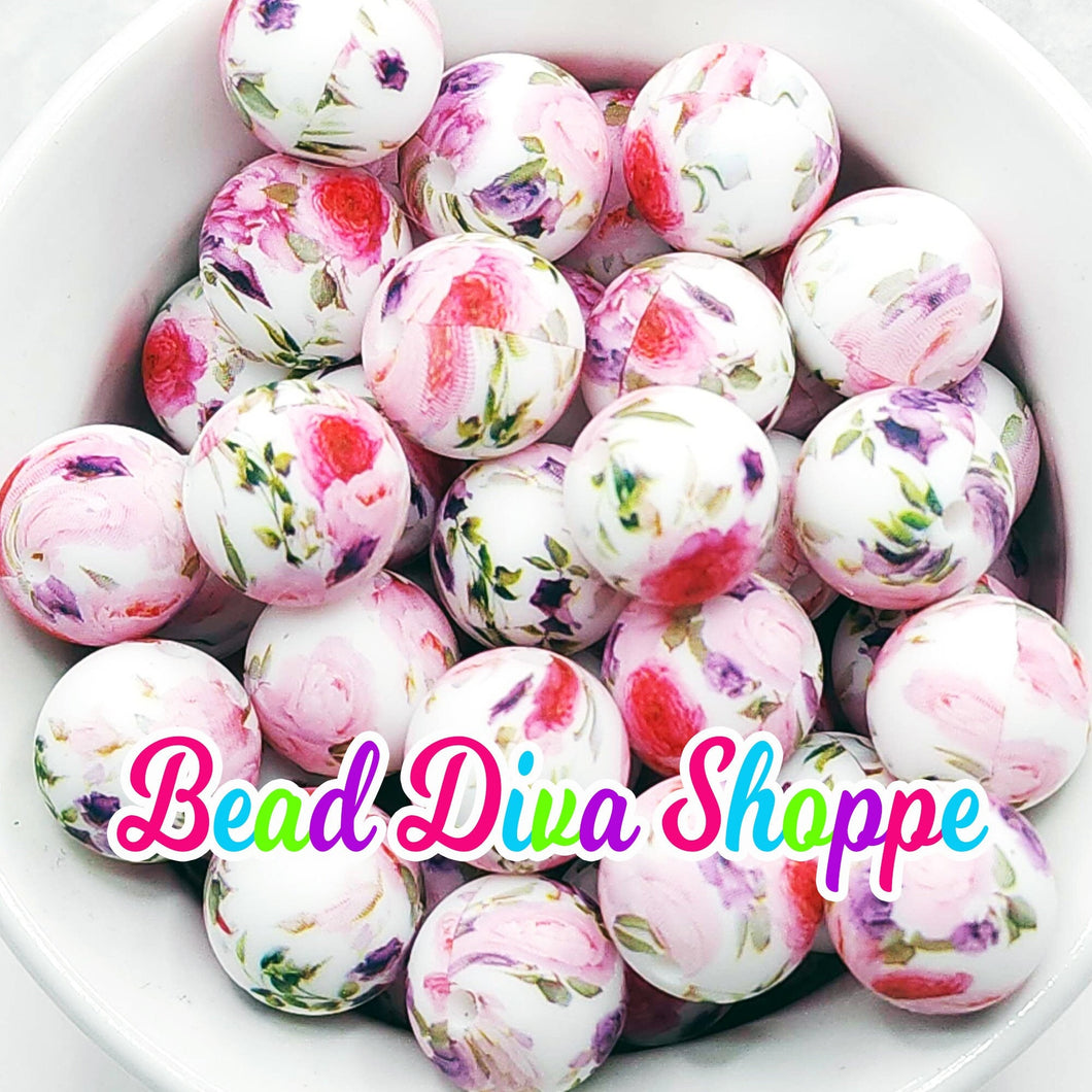 Set of 10 - 15mm - SHABBY CHIC FLORAL - Round Silicone Beads for Diy and Jewelry Making Supplies