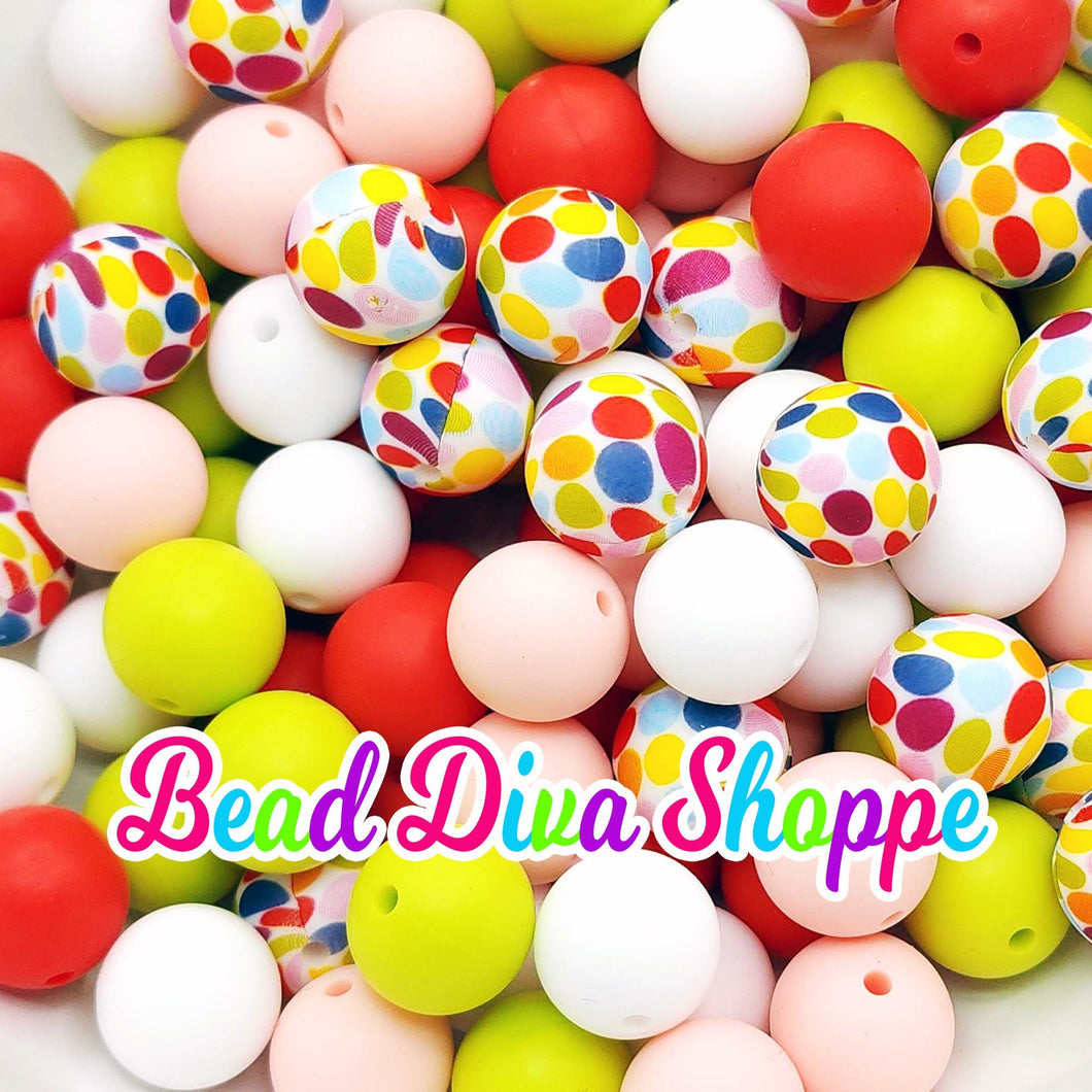 Set of 10 - 15mm - COLORFUL MIX - Round Silicone Beads for Diy and Jewelry Making Supplies