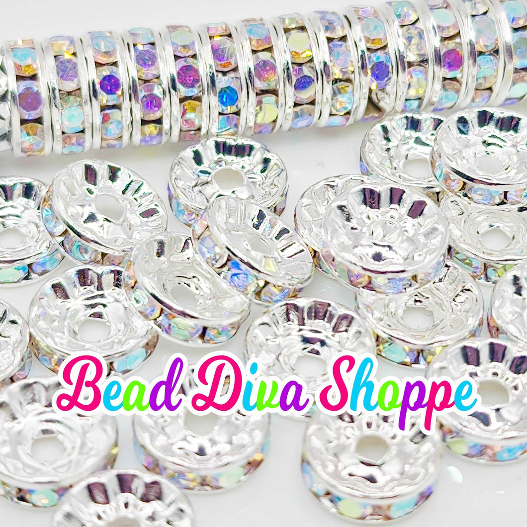 10mm - SET of 50 - CLEAR AB - Rhinestone Rondelle Crystal Round Loose Spacer Beads