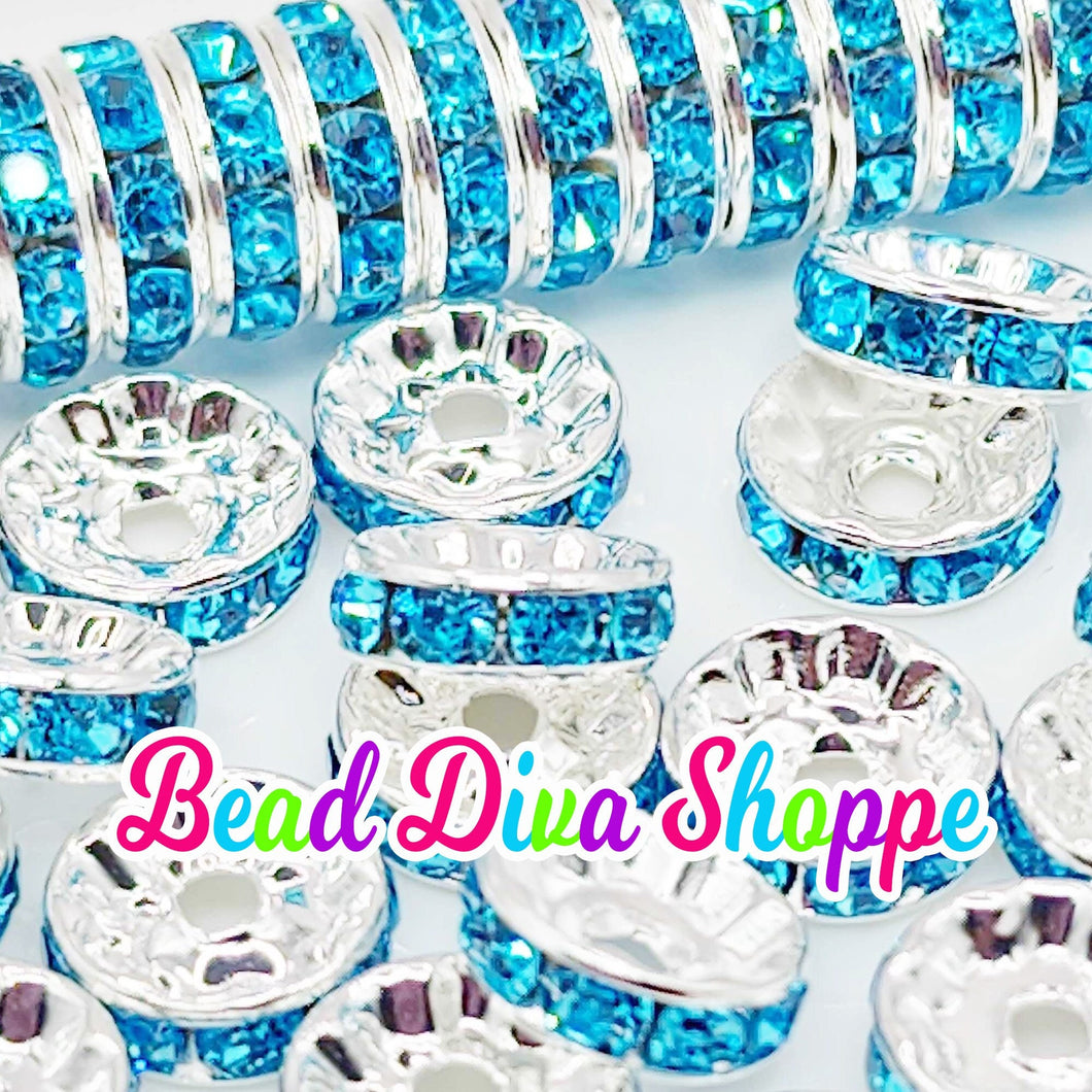 10mm - SET of 50 - TURQUOISE - Rhinestone Rondelle Crystal Round Loose Spacer Beads