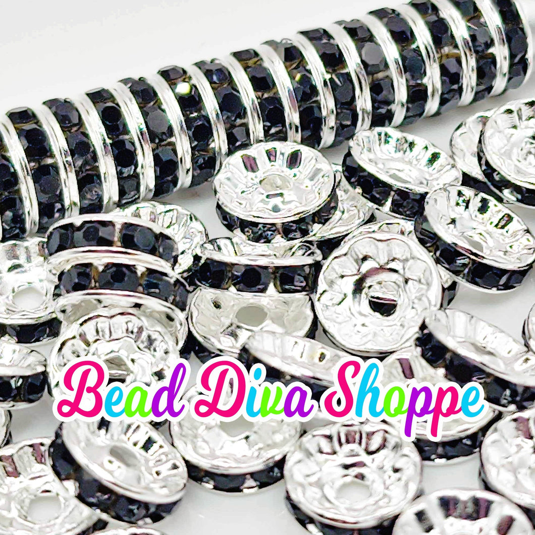 10mm - SET of 50 - BLACK - Rhinestone Rondelle Crystal Round Loose Spacer Beads - Round Beads for Jewelry Making Supplies