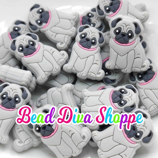 Set of 2 - 23mm x 31mm - GRAY PUG DOG - Focal Beads - for Diy - Craft - Jewelry Making Supplies