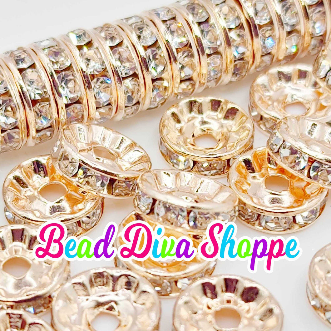 10mm - SET of 50 - ROSE GOLD with Clear Rhinestone Rondelle Crystal Round Loose Spacer Beads - Round Beads for  Jewelry Making Supplies