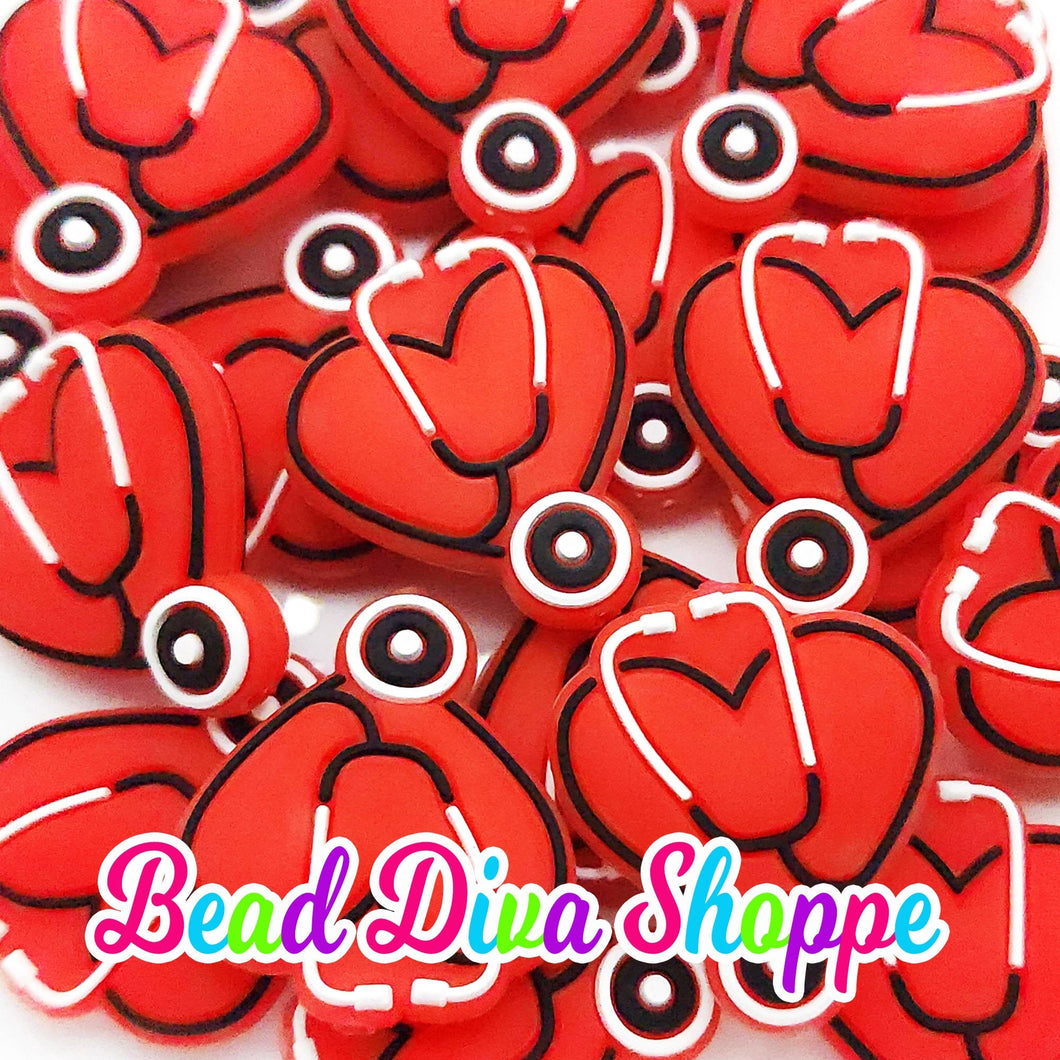 Set of 2 - 26mm x 29mm - RED HEART STETHOSCOPE- Focal Beads - for Diy - Craft - Jewelry Making Supplies