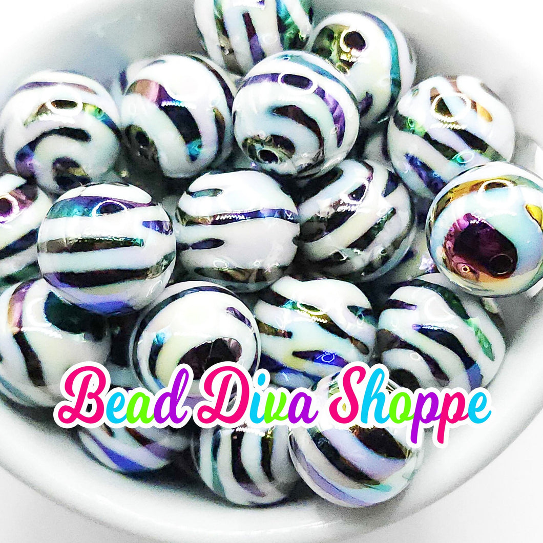 20mm - ZEBRA STRIPE AB - Bubblegum - Round Acrylic Beads for Diy and Jewelry Making Supplies