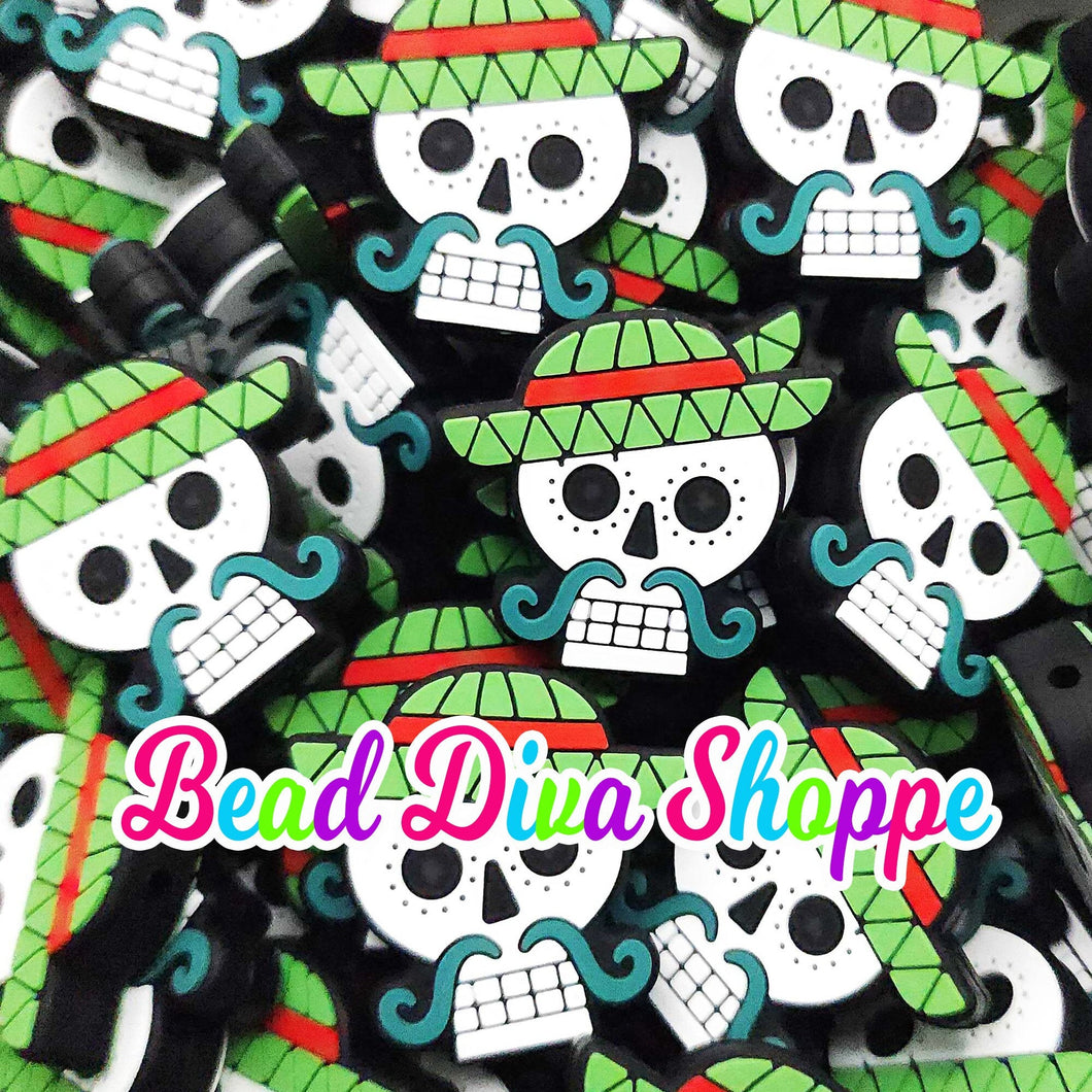 Set of 2 - 30mm x 31mm - SUGAR SKULL W/ MUSTACHE - Focal Beads - for Diy - Craft - Jewelry Making Supplies