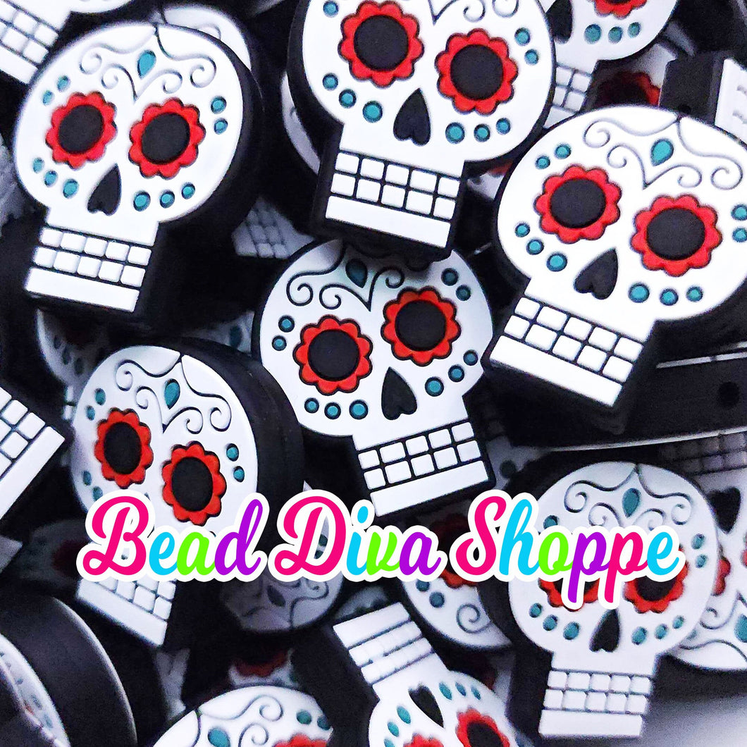 Set of 2 - 25mm X 30mm - SUGAR SKULL - Focal Silicone Beads - for Diy - Craft - Jewelry Making Supplies