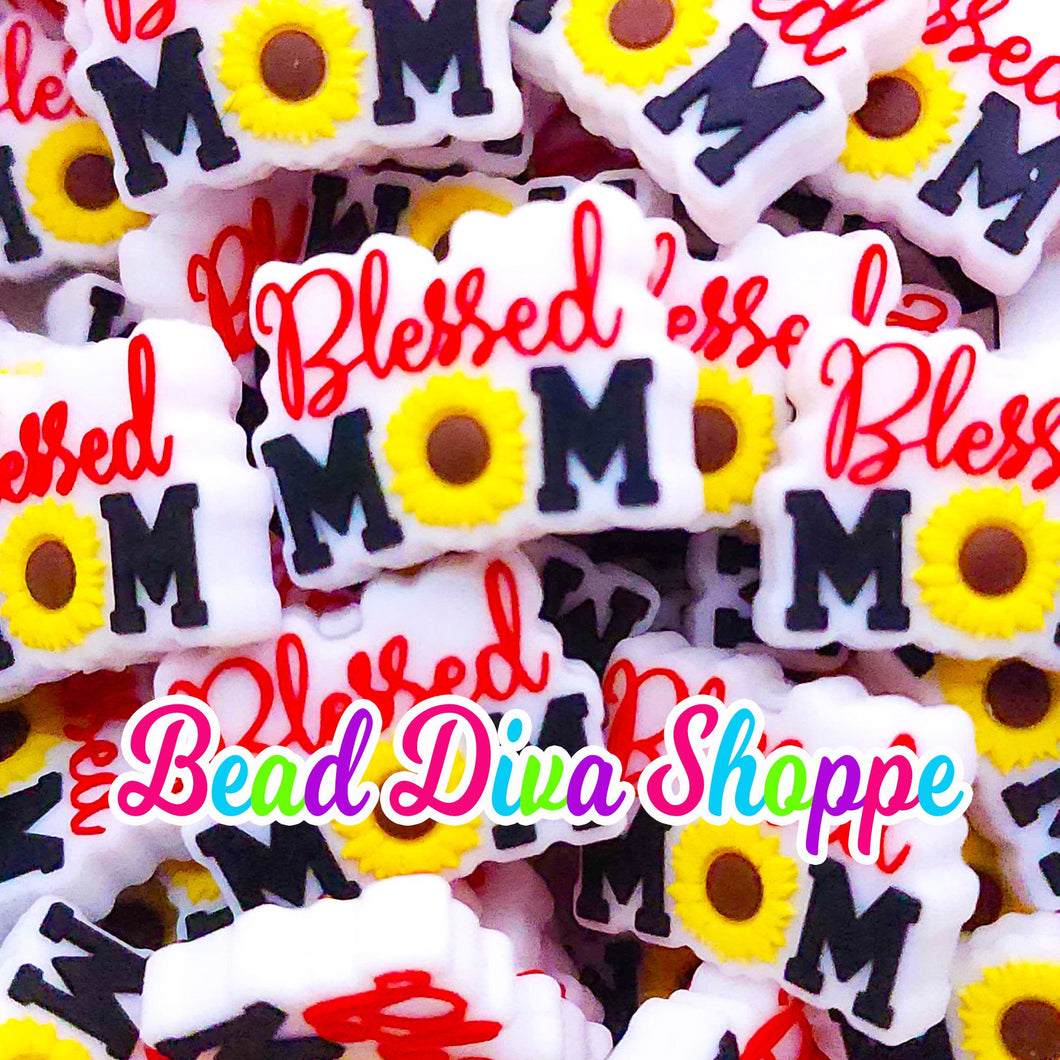 Set of 2 - 21mm x 28mm - BLESSED MOM - Focal Silicone Beads - for Diy - Craft - Jewelry Making Supplies