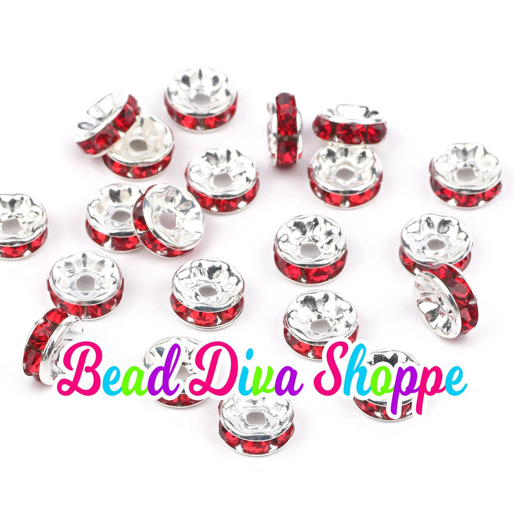 10mm - SET of 50 - RED - Rhinestone Rondelle Crystal Round Loose Spacer Beads