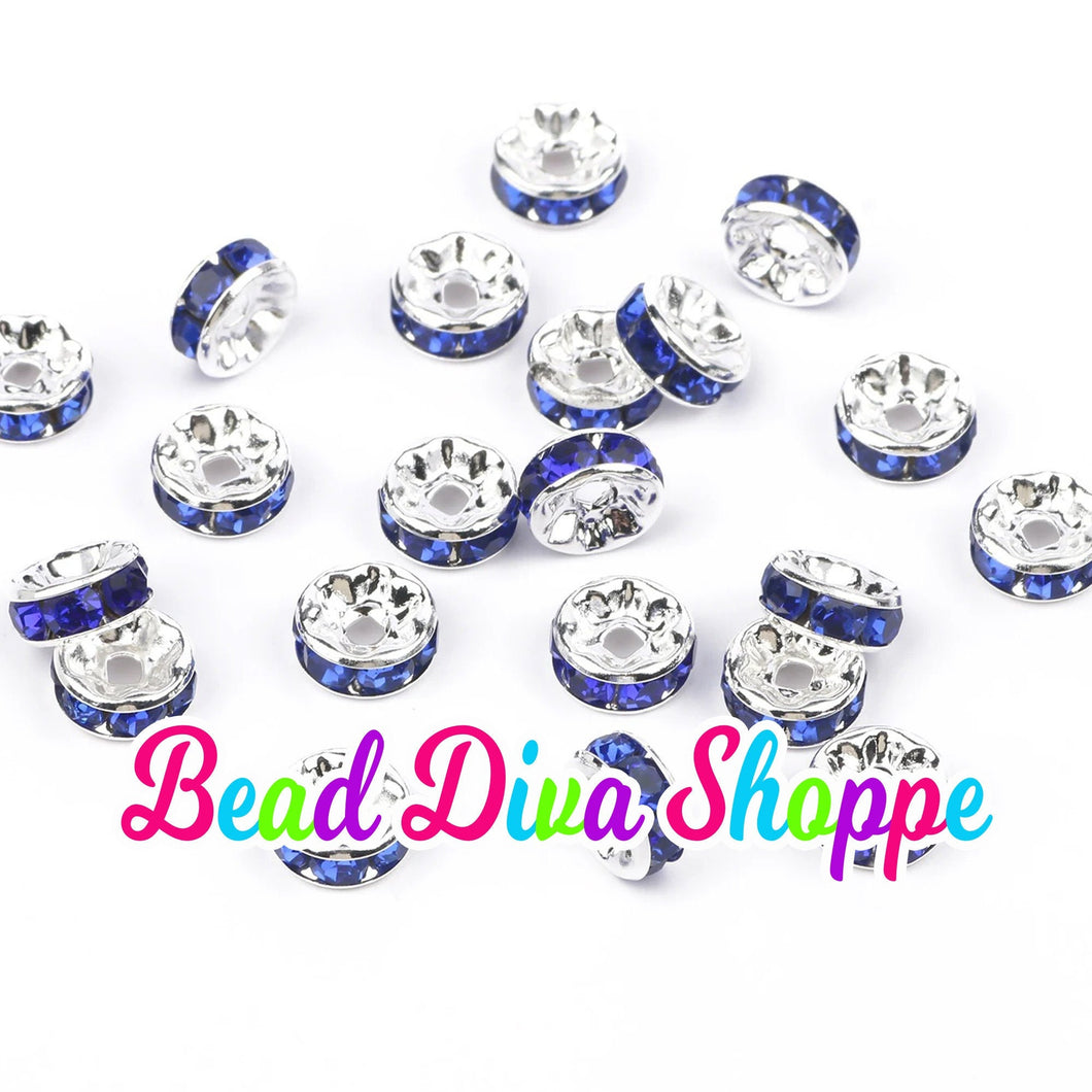 10mm - SET of 50 - BLUE - Rhinestone Rondelle Crystal Round Loose Spacer Beads