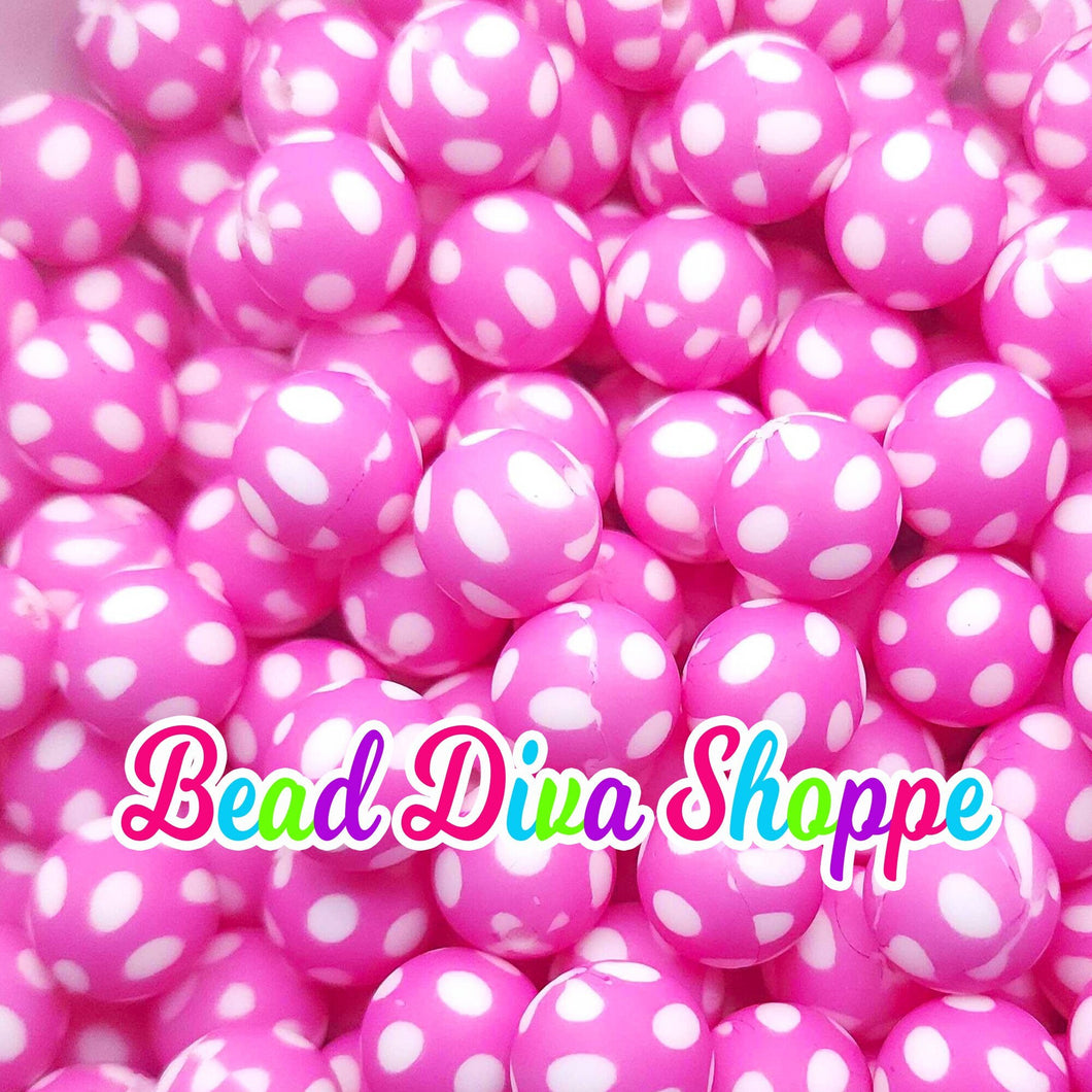 Set of 10 - 15mm - PINK / WHITE POLKADOTS - Round Silicone Beads for Diy and Jewelry Making Supplies