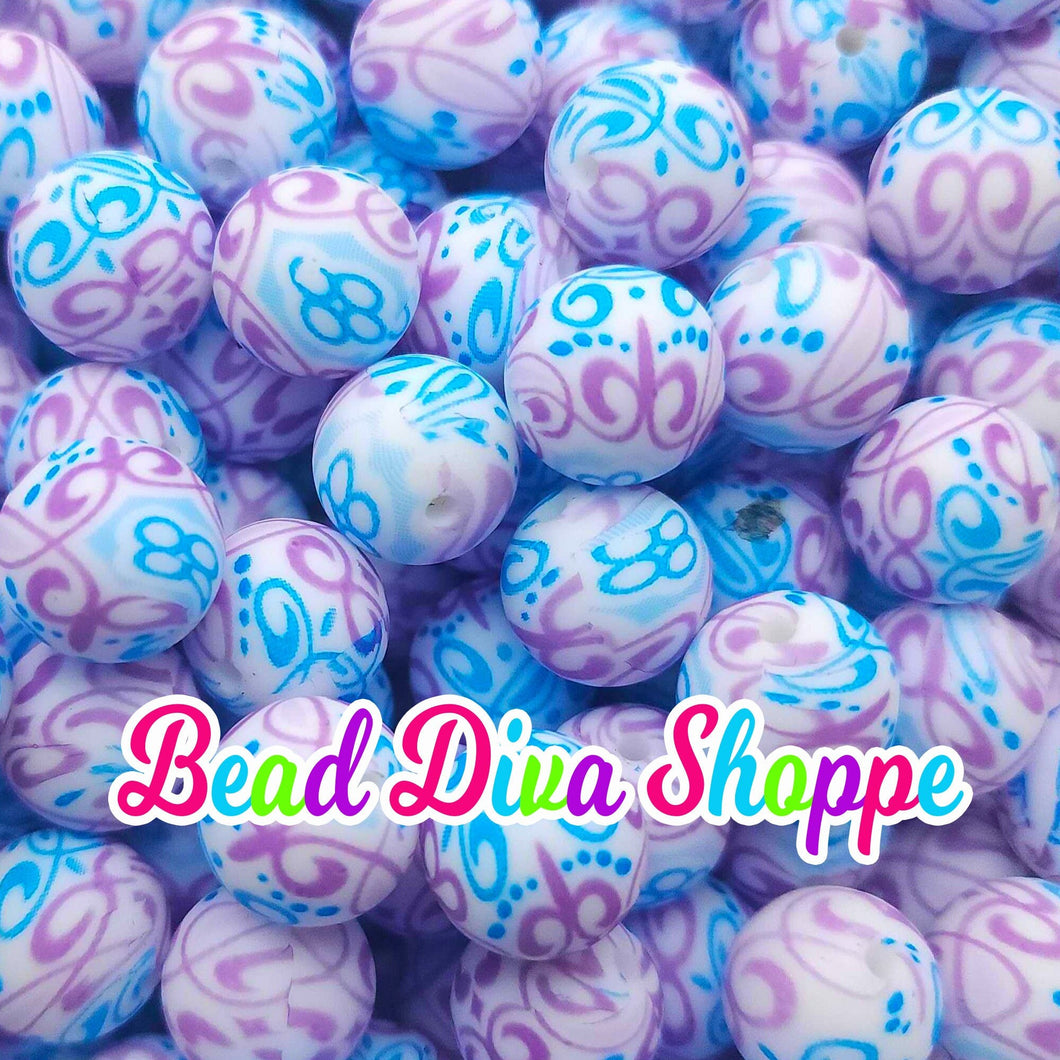 Set of 10 - 15mm - BLUE / PURPLE SWIRLS - Round Silicone Beads for Diy and Jewelry Making Supplies