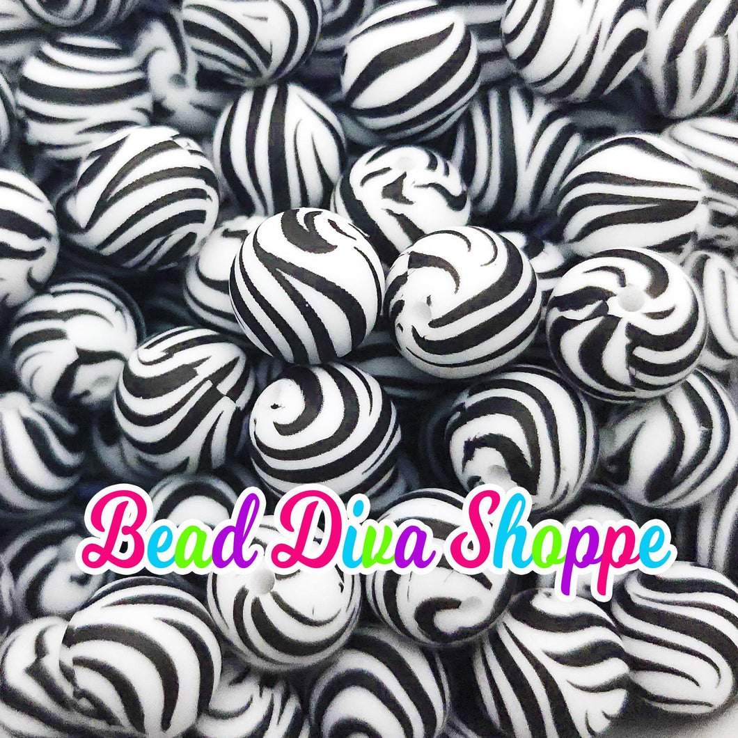 Set of 10 - 15mm - BLACK/WHITE ZEBRA Print - Round Silicone Beads for Diy and Jewelry Making Supplies