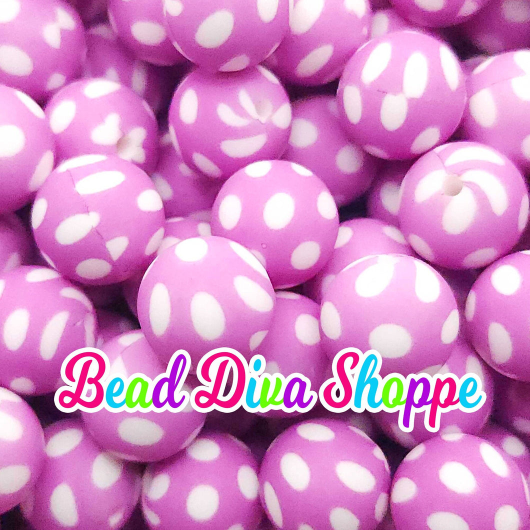 Set of 10 - 15mm - PURPLE / WHITE POLKADOTS  - Round Silicone Beads for Diy and Jewelry Making Supplies