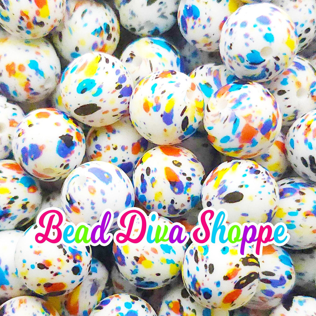 Set of 10 - 15mm - COLORFUL SPLATTER PAINT - Round Silicone Beads for Diy and Jewelry Making Supplies