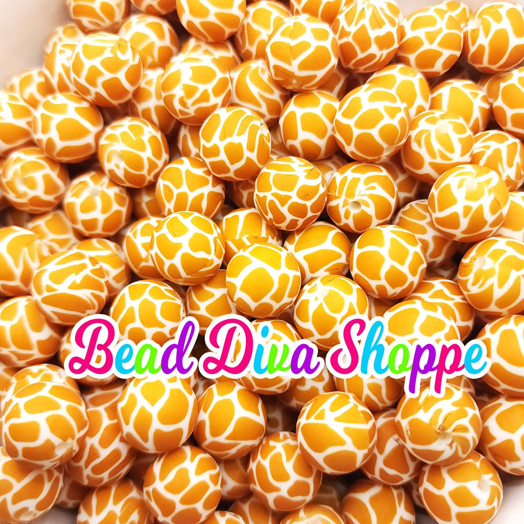 Set of 10 - 15mm - ORANGE/TAN GIRAFFE Print - Round Silicone Beads for Diy and Jewelry Making Supplies