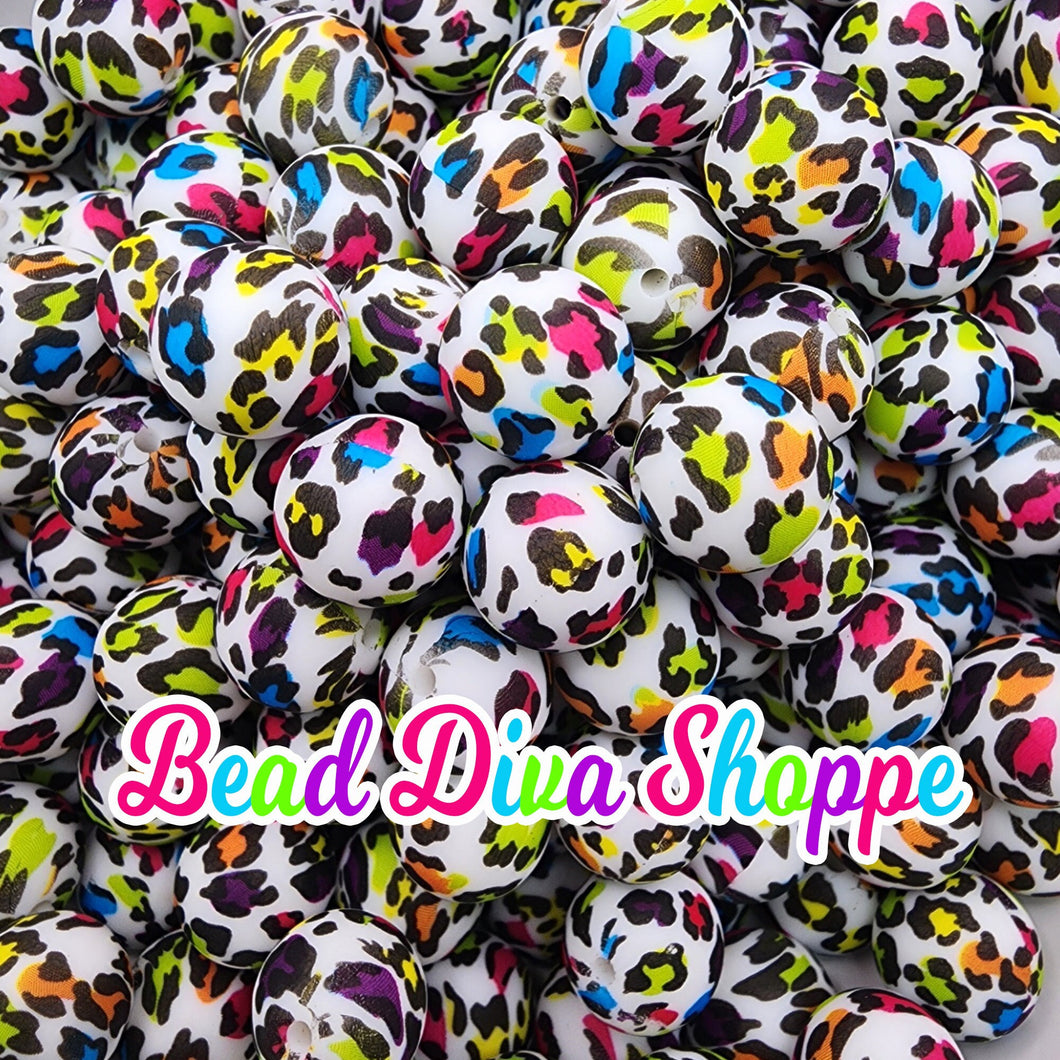 Set of 10 - 15mm - COLORFUL RAINBOW CHEETAH PRINT - Round Silicone Beads for Diy and Jewelry Making Supplies