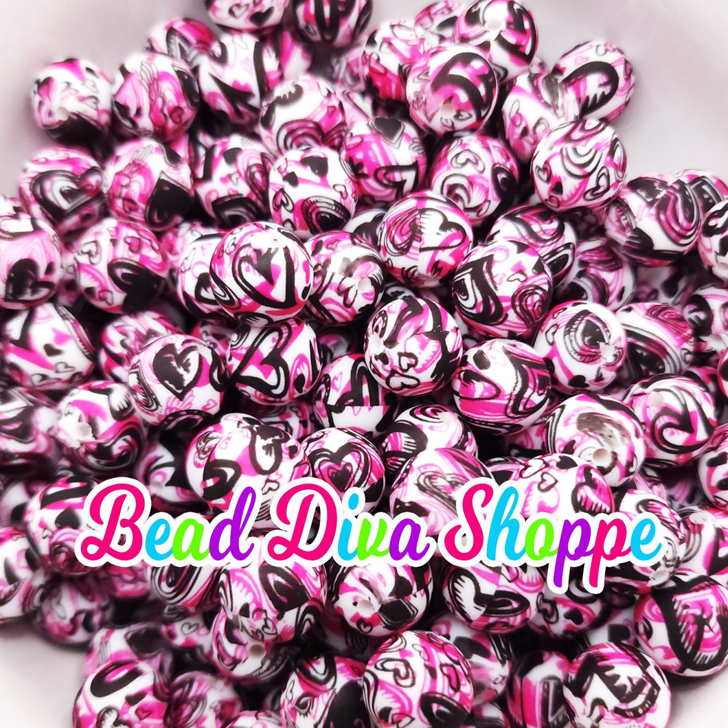 Set of 10 - 15mm - BLACK/PINK HEART Tattoo Print - Round Silicone Beads for Diy and Jewelry Making Supplies